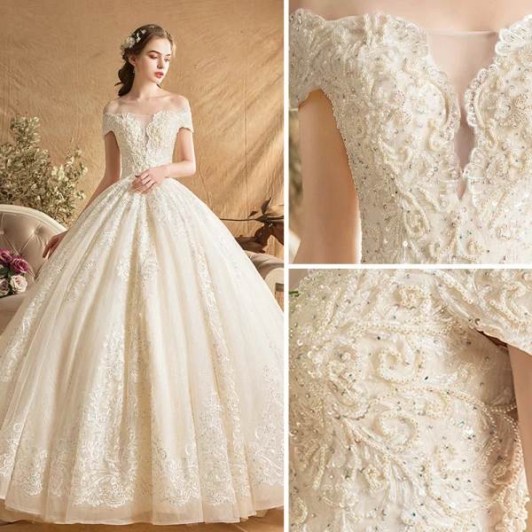 Luxury / Gorgeous Champagne Wedding Dresses 2019 Ball Gown Off-The-Shoulder Beading Pearl Rhinestone Lace Flower Short Sleeve Backless Royal Train