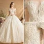 Luxury / Gorgeous Champagne Wedding Dresses 2019 Ball Gown Off-The-Shoulder Beading Pearl Rhinestone Lace Flower Short Sleeve Backless Royal Train