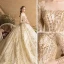Luxury / Gorgeous Gold Wedding Dresses 2019 Ball Gown Square Neckline Glitter Tulle Beading Sequins Crystal 3/4 Sleeve Backless Royal Train