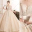 Luxury / Gorgeous Champagne Wedding Dresses 2019 Ball Gown Scoop Neck Handmade  Beading Lace Flower Crystal 3/4 Sleeve Backless Royal Train
