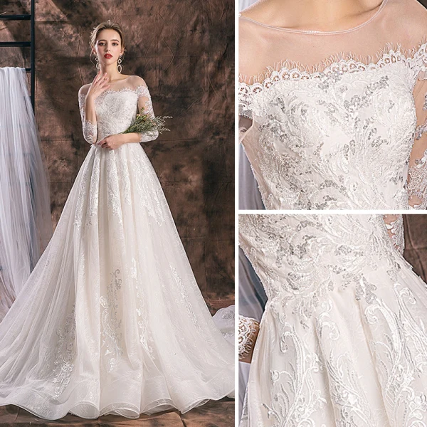 Elegante Ivory / Creme Brautkleider / Hochzeitskleider 2019 A Linie Rundhalsausschnitt Pailletten Spitze Blumen Quaste 3/4 Ärmel Rückenfreies Kathedrale Schleppe