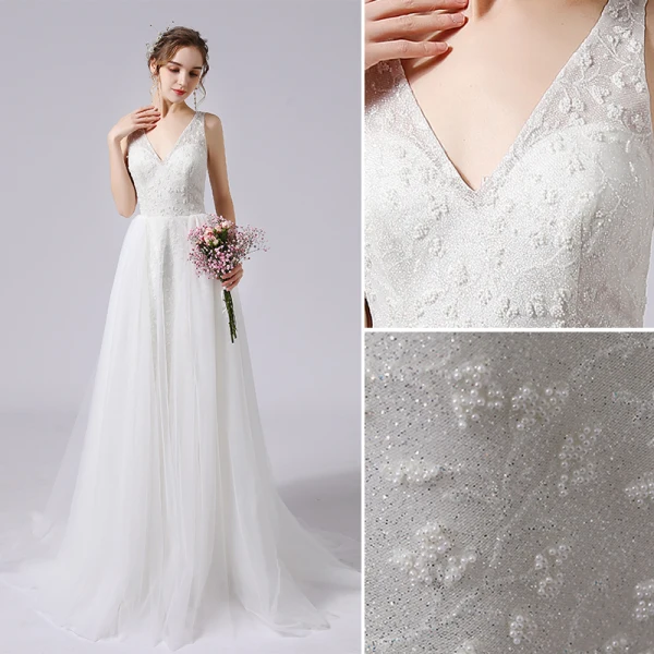Elegant Ivory Glitter Wedding Dresses 2021 A-Line / Princess Beading V-Neck Sleeveless Backless Sweep Train Wedding