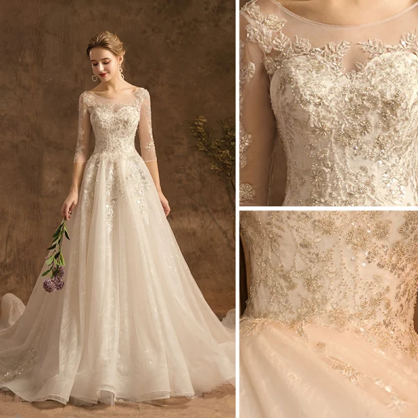 Charming Champagne Wedding Dresses 2019 A-Line / Princess Scoop Neck Beading Lace Flower Sequins 3/4 Sleeve Backless Cathedral Train Wedding