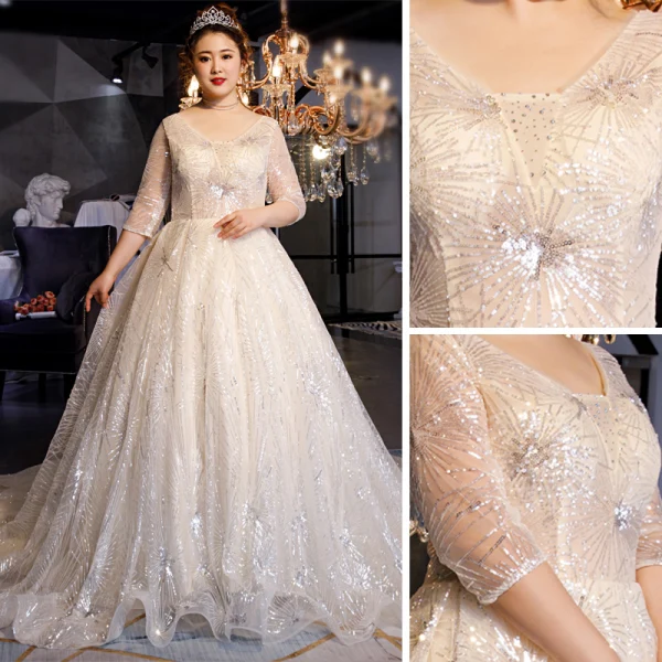Scintillantes Champagne Grande Taille Robe De Mariée 2019 Robe Boule V-Cou Paillettes 1/2 Manches Dos Nu Chapel Train
