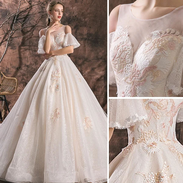 Elegant Champagne Wedding Dresses 2019 Ball Gown Scoop Neck Lace Flower Short Sleeve Backless Royal Train