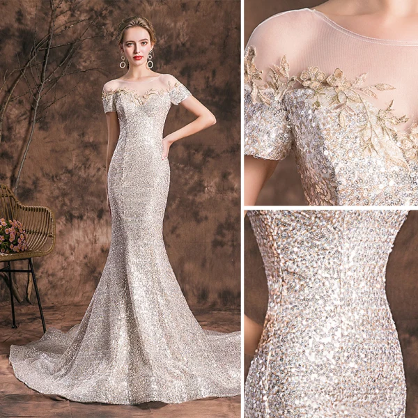 Sparkly Champagne Evening Dresses  2019 Trumpet / Mermaid Scoop Neck Glitter Lace Flower Sequins Short Sleeve Backless Chapel Train Formal Dresses