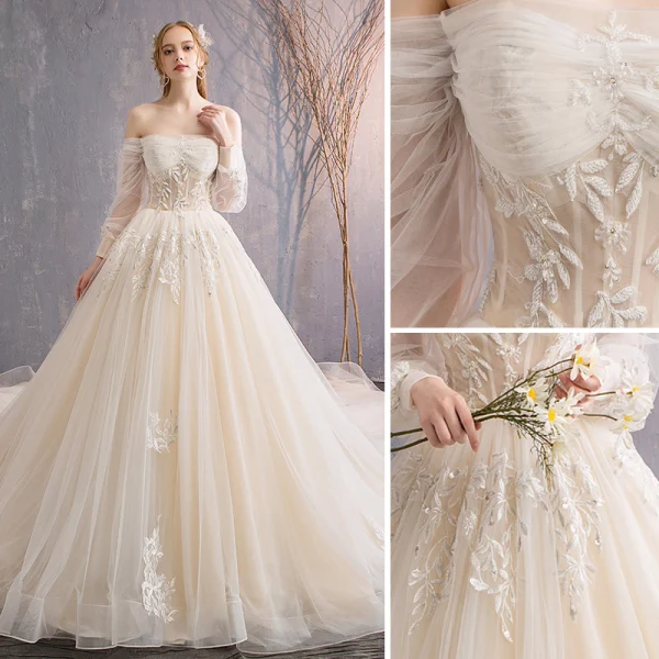 Audrey Hepburn Style Champagne Wedding Dresses 2019 Ball Gown 3/4 Sleeve Beading Sequins Crystal Flower Lace Off-The-Shoulder Backless Royal Train
