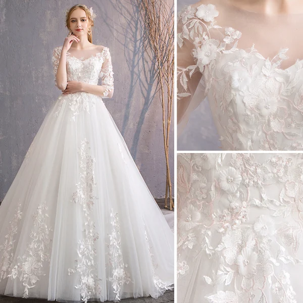 Élégant Ivoire Robe De Mariée 2019 Princesse Encolure Dégagée Appliques En Dentelle Fleur Perle 3/4 Manches Dos Nu Cathedral Train