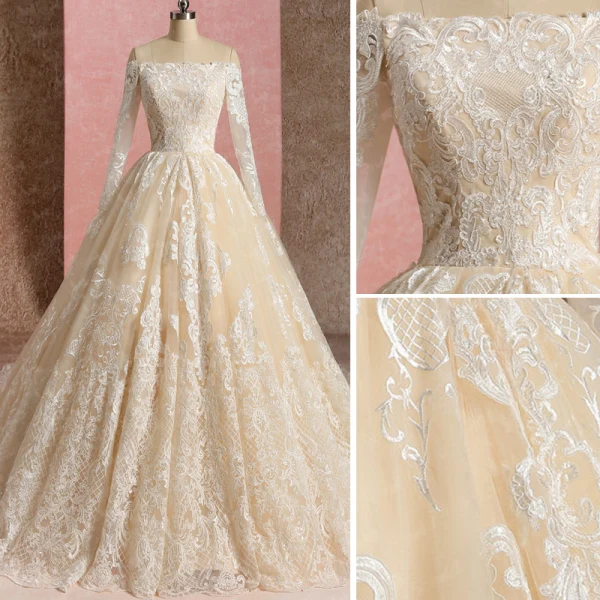 Élégant Champagne Robe De Mariée 2019 Robe Boule De l'épaule En Dentelle Fleur Manches Longues Dos Nu Cathedral Train