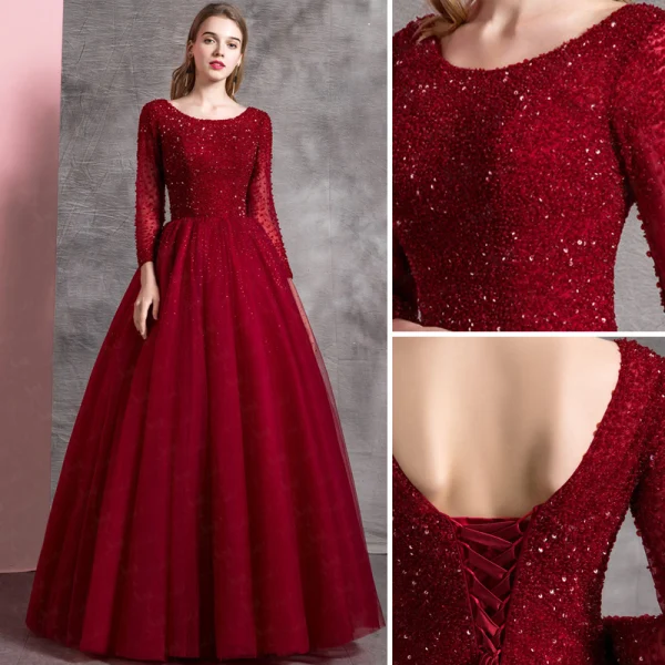 Chic / Beautiful Burgundy Prom Dresses 2019 A-Line / Princess Scoop Neck Beading Crystal Sequins Long Sleeve Backless Floor-Length / Long Formal Dresses