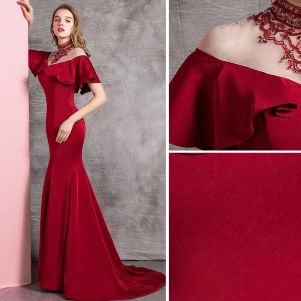 Chic / Beautiful Burgundy Evening Dresses 2019 Trumpet / Mermaid High Neck Beading Crystal Short Sleeve Sweep Train Formal Dresses