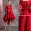 Chic / Belle Couleur Unie Rouge Robe De Cocktail 2019 Princesse Encolure Dégagée Dentelle Fleur Manches Longues Asymétrique Robe De Ceremonie