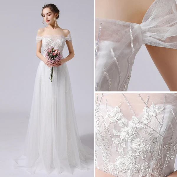 Charmant Ivoire Robe De Mariée 2021 Princesse De l'épaule Paillettes En Dentelle Fleur Sans Manches Dos Nu Train De Balayage Mariage