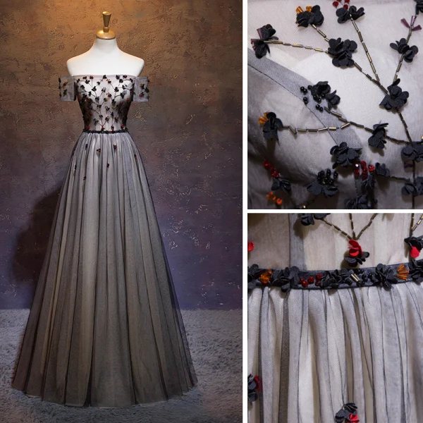 Elegant Black Prom Dresses A-Line / Princess Off-The-Shoulder Beading Crystal Appliques Short Sleeve Backless Bow Floor-Length / Long Formal Dresses