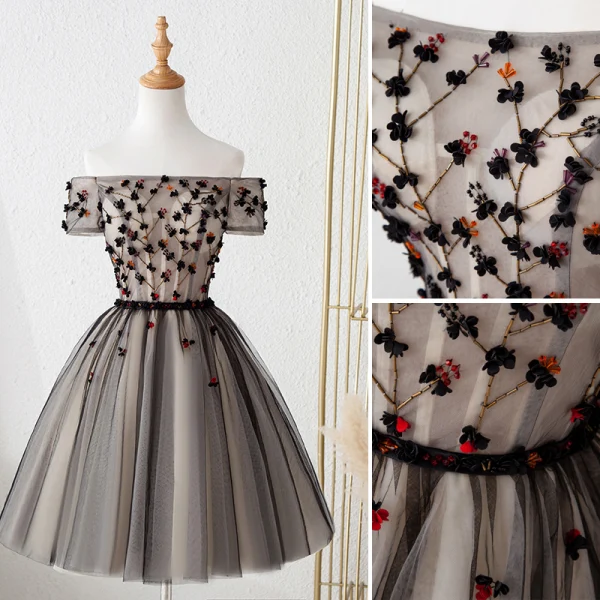 Charming Black Party Dresses 2019 A-Line / Princess Off-The-Shoulder Beading Crystal Appliques Bow Short Sleeve Backless Short Formal Dresses