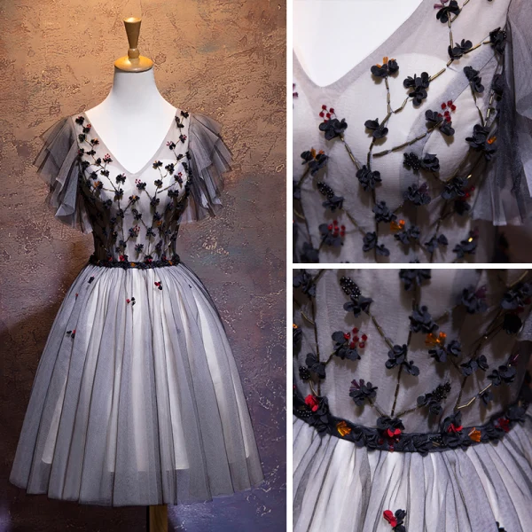 Chic / Beautiful Black Homecoming Graduation Dresses 2019 A-Line / Princess V-Neck Beading Crystal Appliques Short Sleeve Backless Bow Short Formal Dresses