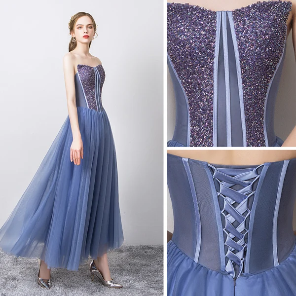 Chic / Beautiful Ocean Blue Evening Dresses  2019 A-Line / Princess Strapless Sleeveless Sequins Backless Floor-Length / Long Formal Dresses