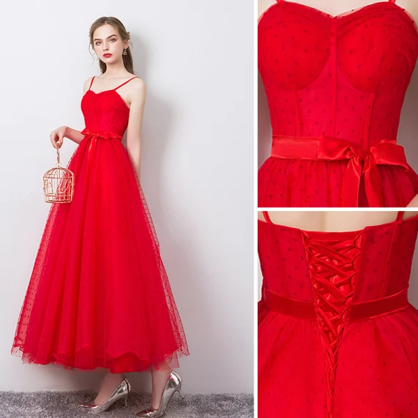 Simple Couleur Unie Rouge Robe De Soirée 2019 Princesse Bretelles Spaghetti Noeud Sans Manches Dos Nu Longueur Cheville Robe De Ceremonie