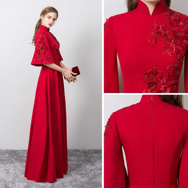 Chic / Beautiful Burgundy Evening Dresses 2019 A-Line / Princess High Neck Beading Lace Flower Appliques Bell sleeves Floor-Length / Long Formal Dresses