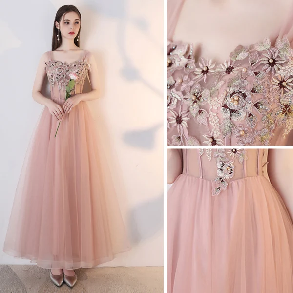 Elegant Blushing Pink Homecoming Graduation Dresses 2019 A-Line / Princess Lace Flower Pearl Rhinestone Backless Floor-Length / Long Formal Dresses