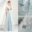 Elegant Sky Blue Prom Dresses 2019 A-Line / Princess Off-The-Shoulder Lace Flower Pearl Bow Sleeveless Backless Floor-Length / Long Formal Dresses