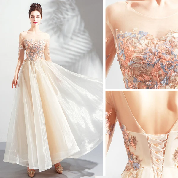 Elegant Champagne Prom Dresses 2019 A-Line / Princess Scoop Neck Embroidered 3/4 Sleeve Backless Floor-Length / Long Formal Dresses