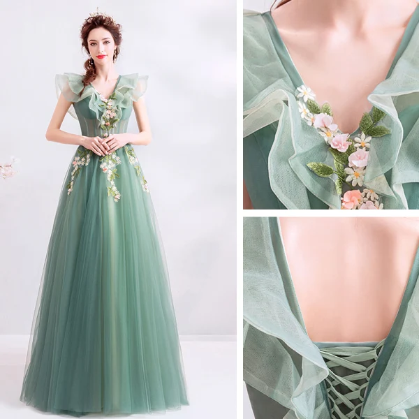 Elegant Sage Green Prom Dresses 2019 A-Line / Princess Ruffle V-Neck Lace Flower Appliques Sleeveless Backless Floor-Length / Long Formal Dresses