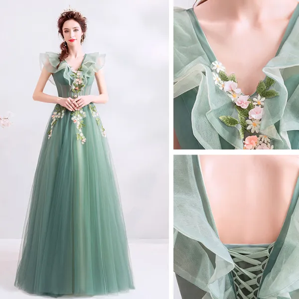 Elegant Sage Green Prom Dresses 2019 A-Line / Princess Ruffle V-Neck ...