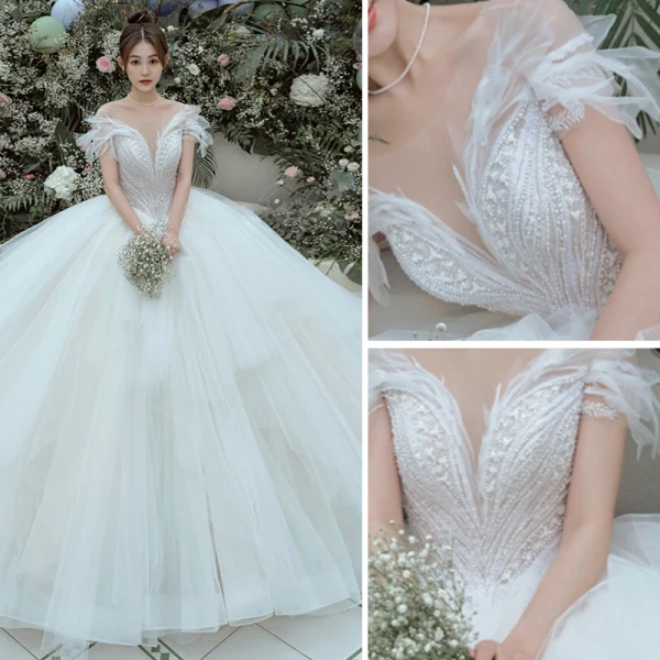 Luxury / Gorgeous White Wedding Dresses Ball Gown 2021 Scoop Neck Beading Pearl Short Sleeve Backless Royal Train Wedding