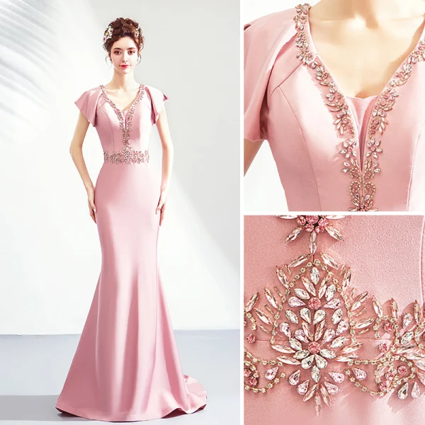Chic / Beautiful Blushing Pink Evening Dresses 2019 Trumpet / Mermaid V-Neck Crystal Rhinestone Short Sleeve Backless Floor-Length / Long Formal Dresses