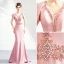 Chic / Beautiful Blushing Pink Evening Dresses  2019 Trumpet / Mermaid V-Neck Crystal Rhinestone Short Sleeve Backless Floor-Length / Long Formal Dresses