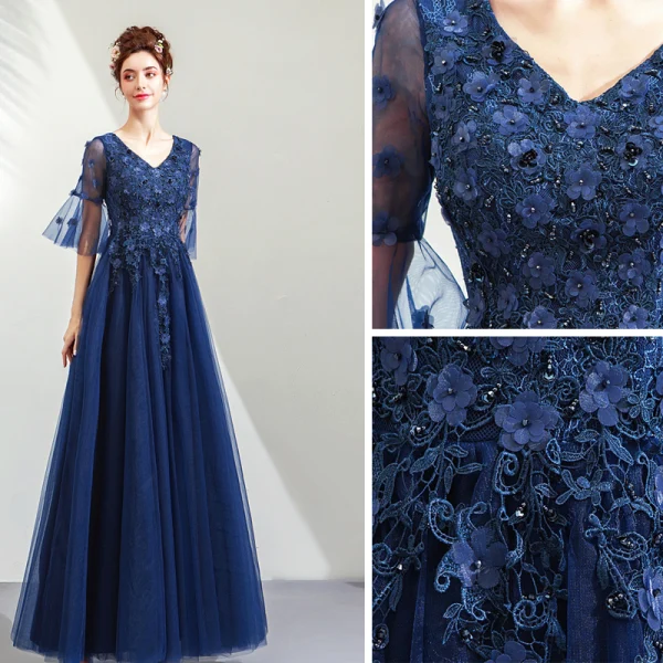 Elegant Navy Blue Prom Dresses 2019 A-Line / Princess V-Neck Beading Crystal Lace Flower Appliques 1/2 Sleeves Backless Floor-Length / Long Formal Dresses