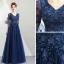 Elegant Navy Blue Prom Dresses 2019 A-Line / Princess V-Neck Beading Crystal Lace Flower Appliques 1/2 Sleeves Backless Floor-Length / Long Formal Dresses