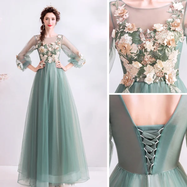 Bloemenfee Jade Groen Galajurken 2019 A lijn Ronde Hals Kant Bloem Appliques Parel Rhinestone 3/4 Mouwen Ruglooze Lange Gelegenheid Jurken