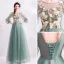 Bloemenfee Jade Groen Galajurken 2019 A lijn Ronde Hals Kant Bloem Appliques Parel Rhinestone 3/4 Mouwen Ruglooze Lange Gelegenheid Jurken