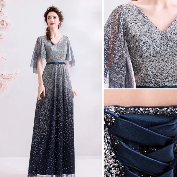 Scintillantes Bleu Marine Dégradé De Couleur Robe De Soirée 2019 Princesse V-Cou Paillettes Noeud 1/2 Manches Dos Nu Longue Robe De Ceremonie