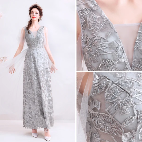 Chic / Belle Gris Robe De Soirée 2019 Princesse V-Cou Perlage Cristal En Dentelle Fleur Sans Manches Dos Nu Longue Robe De Ceremonie