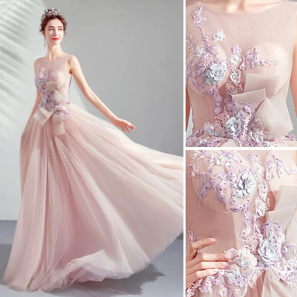 Élégant Perle Rose Robe De Soirée 2019 Princesse Encolure Dégagée Appliques En Dentelle Fleur Noeud Perlage Perle Faux Diamant Sans Manches Dos Nu Longue Robe De Ceremonie