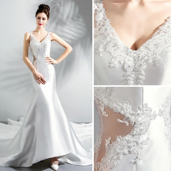 Charmant Ivoire Robe De Soirée 2019 Trompette / Sirène Sans Manches Cristal Paillettes En Dentelle Fleur V-Cou Dos Nu Cathedral Train Robe De Ceremonie