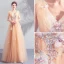 Élégant Champagne Robe De Bal 2019 Princesse V-Cou Appliques En Dentelle Fleur Perlage Paillettes Sans Manches Dos Nu Longue Robe De Ceremonie