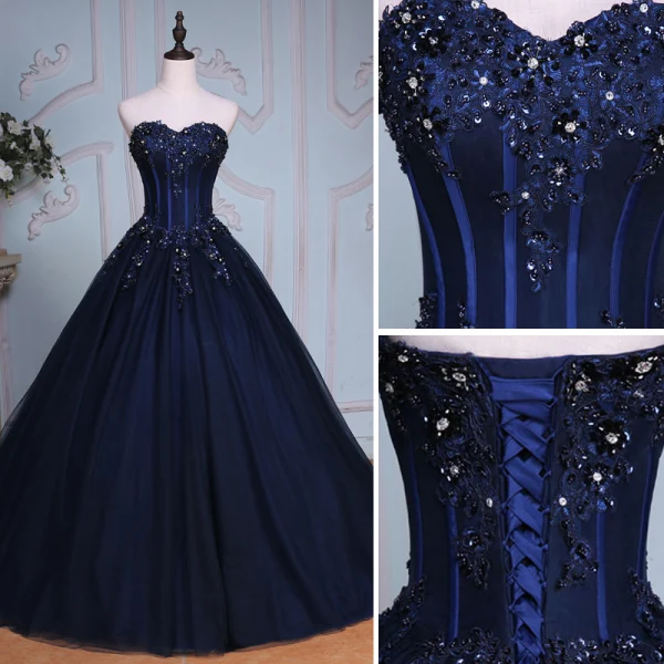 Elegant Mørk Marineblå Ballkjoler 2019 Prinsesse Kjæreste Beading Paljetter Rhinestone Blonder Blomst Uten Ermer Ryggløse Chapel Train Formelle Kjoler