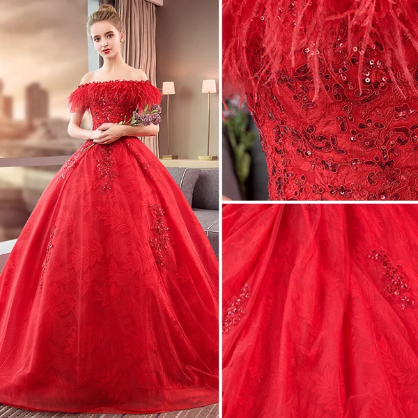 Charmant Rot Brautkleider / Hochzeitskleider 2019 Ballkleid Off Shoulder Spitze Pailletten Applikationen Quaste Kurze Ärmel Rückenfreies Kathedrale Schleppe