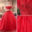 Charmant Rot Brautkleider / Hochzeitskleider 2019 Ballkleid Off Shoulder Spitze Pailletten Applikationen Quaste Kurze Ärmel Rückenfreies Kathedrale Schleppe
