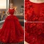 Snygga / Fina Röd Bröllopsklänningar 2019 Balklänning Urringning Spets Blomma Appliqués Rhinestone Ärmlös Halterneck Royal Train