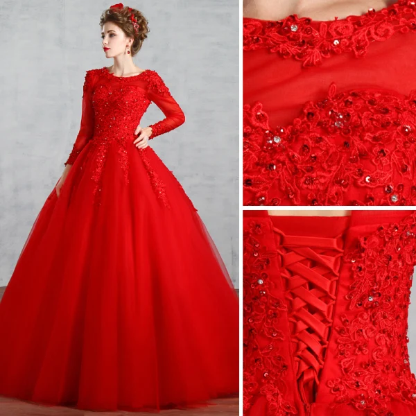 Schöne Muslimisches Rot Brautkleider / Hochzeitskleider 2019 Ballkleid Rundhalsausschnitt Spitze Blumen Strass Pailletten Lange Ärmel Rückenfreies Lange