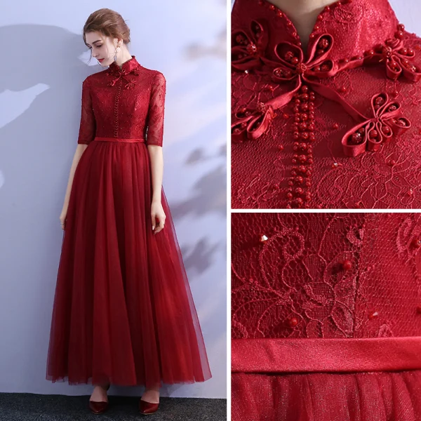Chinese style Burgundy Evening Dresses  2019 A-Line / Princess High Neck Lace Beading Crystal Bow Sash 1/2 Sleeves Floor-Length / Long Formal Dresses