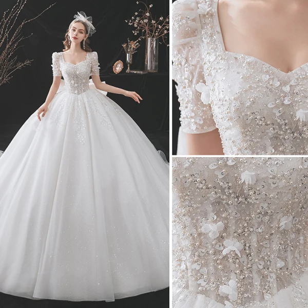 Edles Weiß Brautkleider / Hochzeitskleider 2021 Ballkleid Eckiger Ausschnitt Perlenstickerei Perle Pailletten Applikationen Kurze Ärmel Rückenfreies Schleife Königliche Schleppe Hochzeit