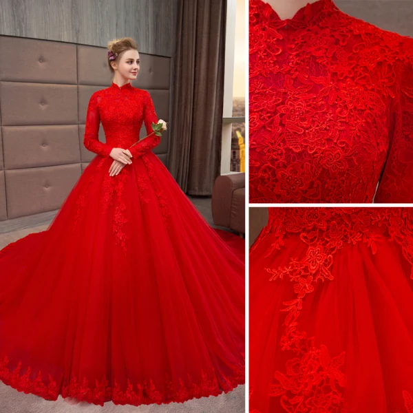 Chinese style Muslim Red Wedding Dresses 2019 A-Line / Princess High Neck Beading Appliques Lace Flower Long Sleeve Royal Train