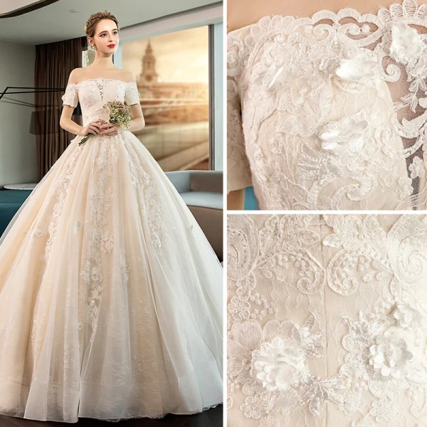 Élégant Ivoire Robe De Mariée 2019 Robe Boule Appliques En Dentelle Fleur De l'épaule Manches Courtes Dos Nu Royal Train