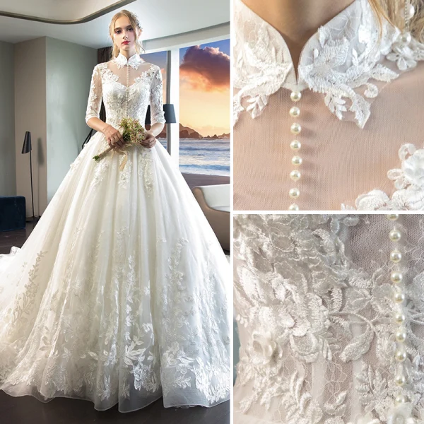 Chinese style Ivory Wedding Dresses 2019 A-Line / Princess High Neck Appliques Lace Flower Pearl 1/2 Sleeves Backless Cathedral Train